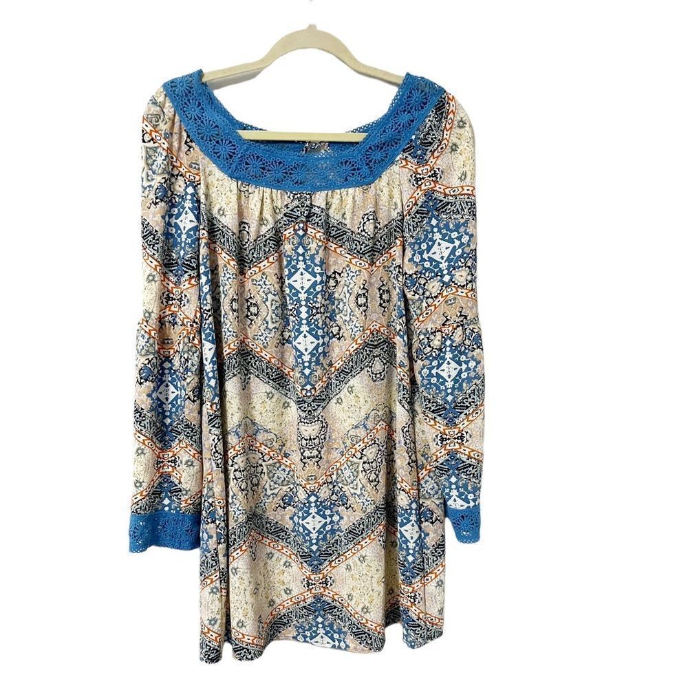 XHILARATION Blue Multi Pattern Peasant Lace Trim Dress with Bell Sleeves Size M